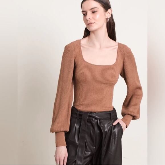 Eleven Six Sweaters - Eleven Six Camila Ribbed Alpaca blend Square neck Sweater in Camel Tan size L